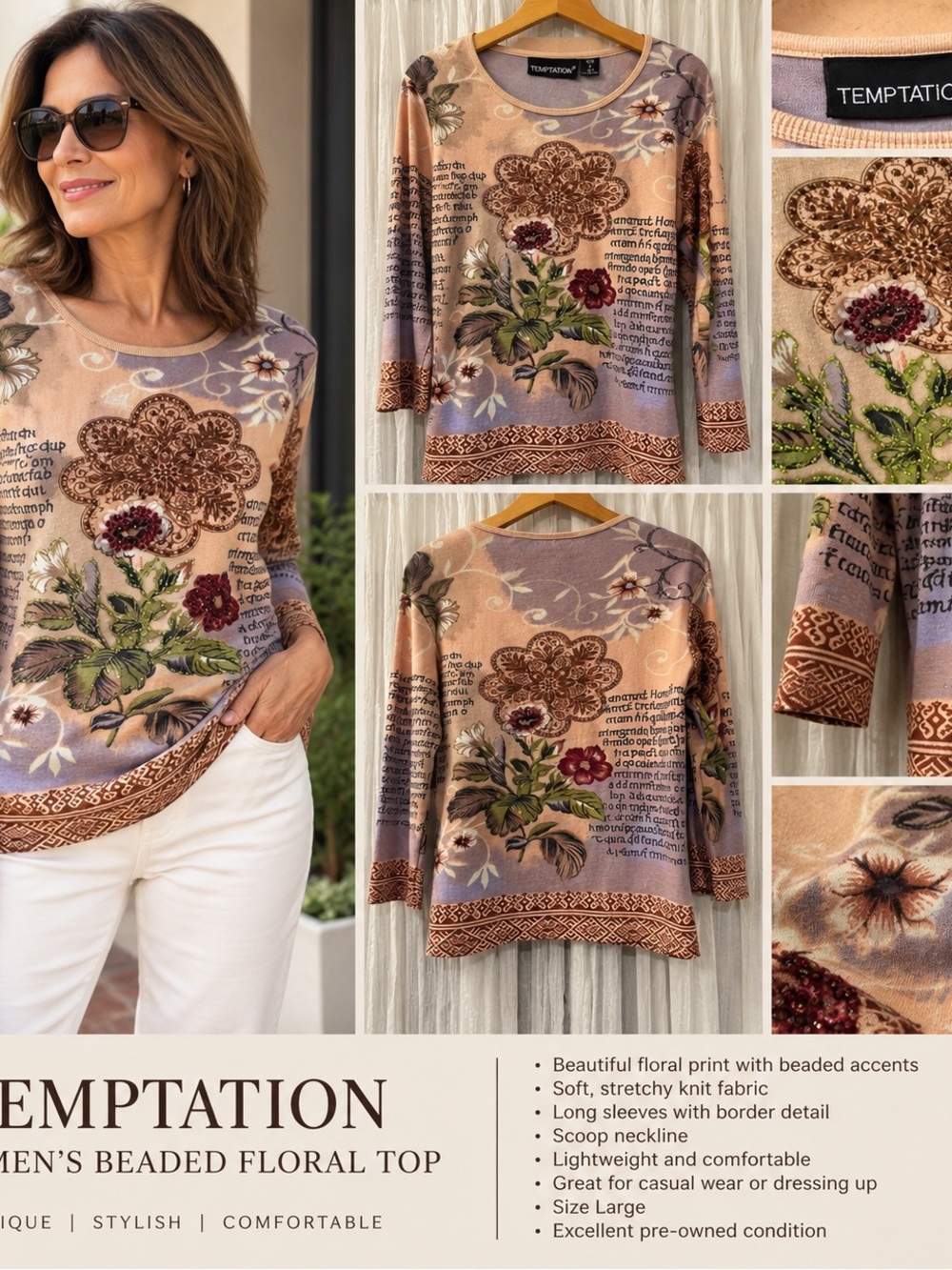 🌸 TEMPTATION Beaded Floral Long Sleeve Top – L